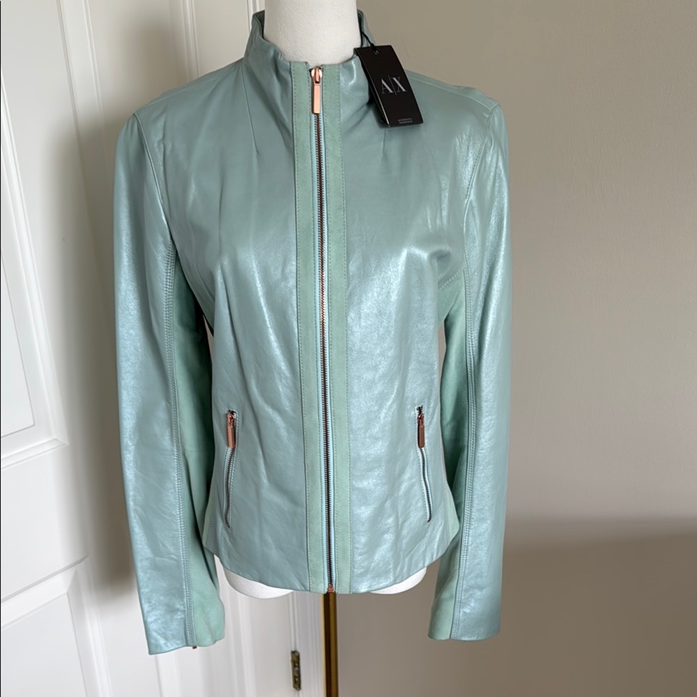 Armani Exchange Green Leather Jacket Fitted Moto Style NWT
